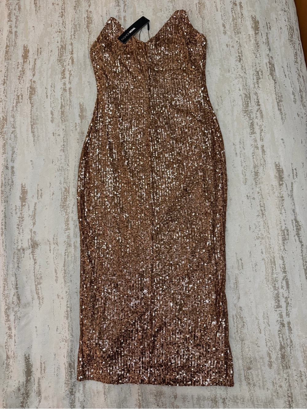 Fashion Nova Strapless Sequin Bodycon Dress in Rose Gold